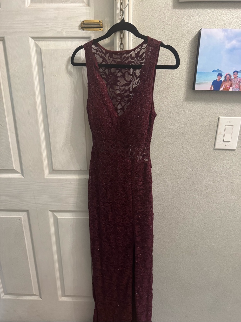 Women's Burgundy Lace Evening Gown with Thigh Slit - Picture 6 of 6